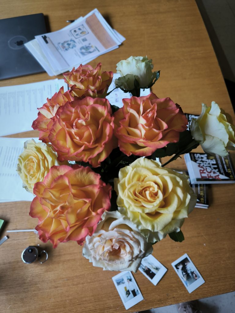 roses and flyers at the front desk of the transformarte art fair 2025 in Eisenstadt